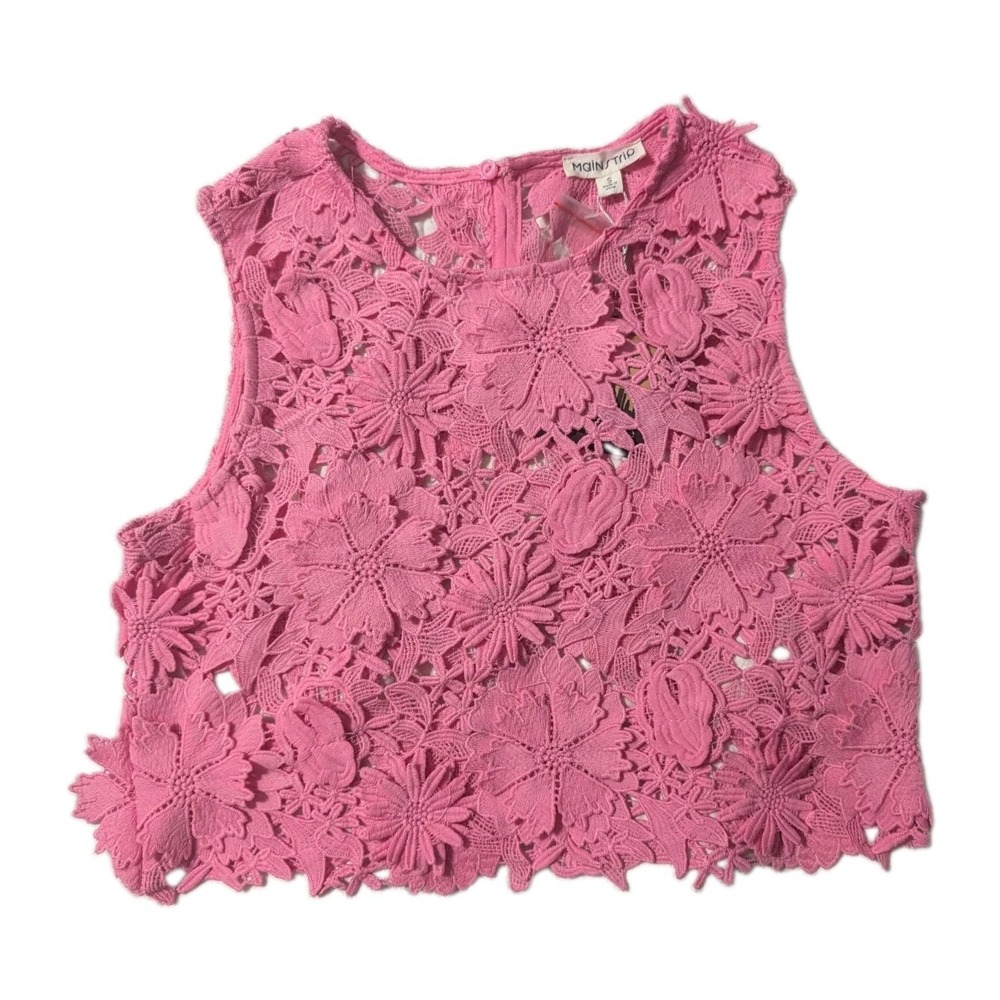 Main Strip Women's Small Pink Floral Crochet Lace Sleeveless Top NWT Cottagecore